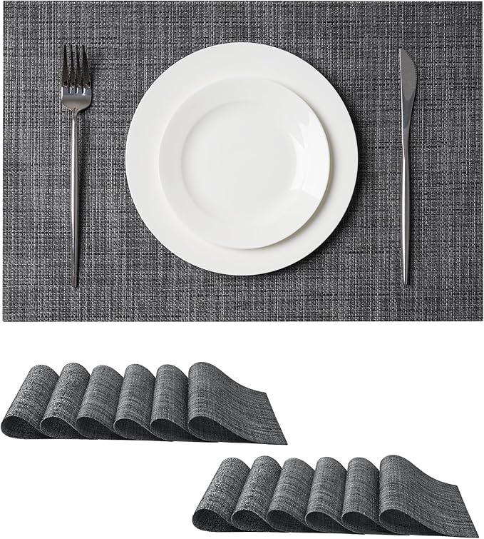 Leetaltree Black and Grey Woven Placemats Set of 12 - Heat Resistant Non-Slip Place mats for Dining Table, Washable Durable PVC Vinyl Woven Table Mats(Black & Grey, 12) by Leetaltree-ArtatEveryTable