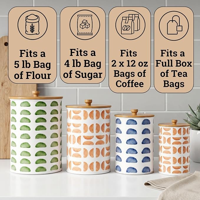 Kitchen Canisters for Countertop Set of 4, Patterned Iron w/ Airtight Lids | Airtight Easy Open Bamboo Lids - Dent-Resistant Thick Metal - Sturdy Comfortable Bamboo Handles - Unique Printed Pattern - Image 3