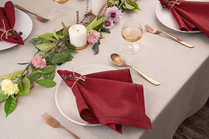 Signature Linen™ by D'Moksha Red Dinner Napkins Set of 8, 20 x 20 Inch Cloth Napkins, 100% Pure Linen, Hemstitch, Machine Washable Table Napkins- Summer, Weddings, Outdoor hostings - Image 3