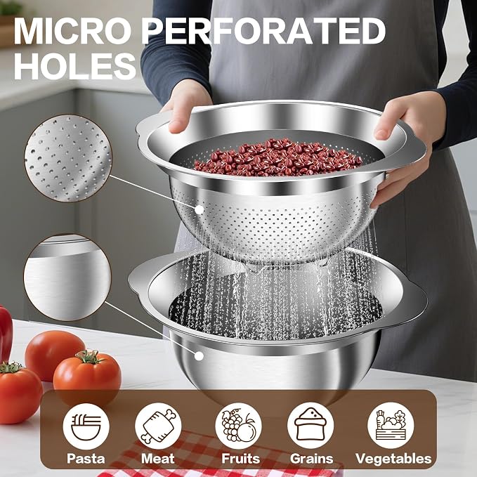 3.5QT Colander with Bowl, Rice Strainer, Stainless Steel Mixing Bowls with Strainer, Pasta Strainer, Colander for Kitchen for Rice Pasta Fruits Vegetables, Rice Cleaner Strainer, Dishwasher Safe - Image 5