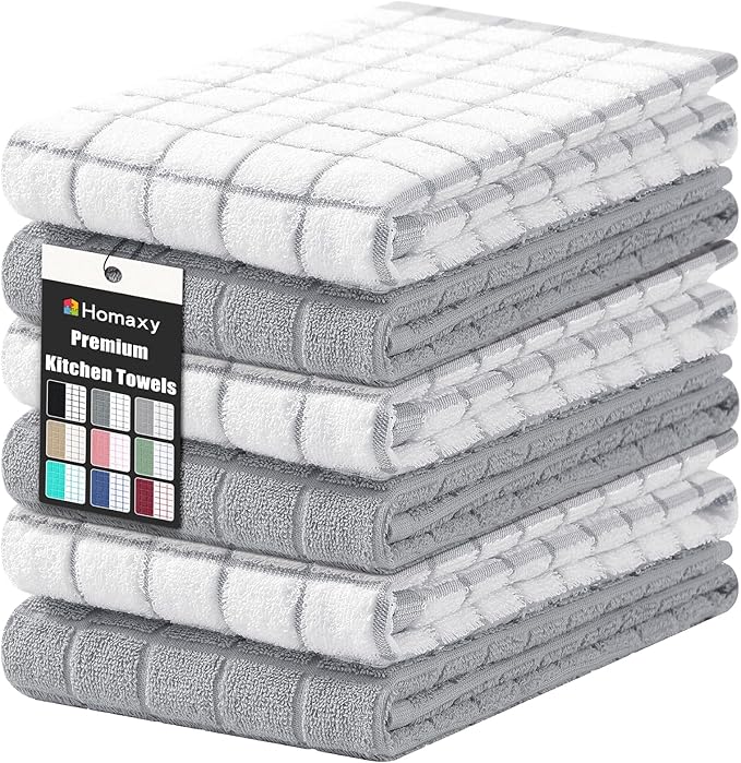 Homaxy Large Premium Cotton Kitchen Towels 16"x 28", 6 Pack, Light Grey | Natural Ring Spun 390 GSM Dish Towels, Super Absorbent Terry Kitchen Hand Towels, Soft Tea Towels with Hanging Loop by Homaxy