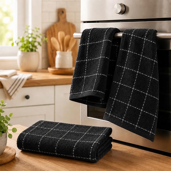 Kitinjoy 100% Cotton Terry Kitchen Towels, 13”x 28”, 6-Pack, Black | Checkered Designed, Ultra Soft Absorbent Quick Drying Dish Towels - Image 7