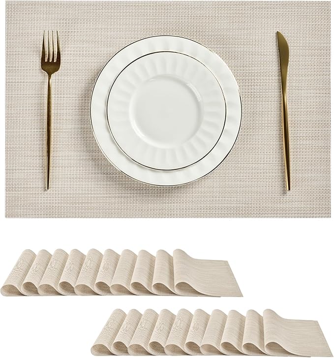 Leetaltree Beige White Placemats Set of 20 - Heat Resistant Non-Slip Place mats for Dining Table, Washable Durable PVC Vinyl Woven Table Mats(Beige White, 20) by Leetaltree-ArtatEveryTable