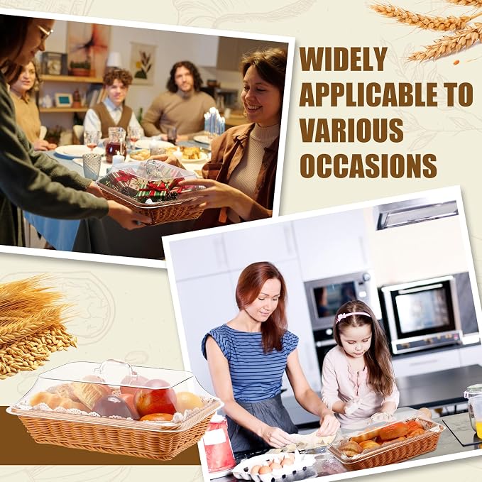 Mumufy 2 Packs Bread Baskets for Serving with Lid 14.17x10.24x2.56'' Imitation Rattan Fruit Storage Basket, and 50 Pcs Food Blotting Sheets for Baker Gift, Kitchen Counter Organization, Bread Display - Image 7