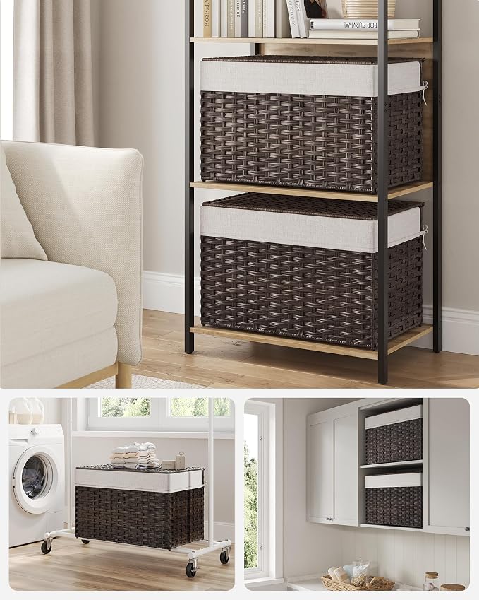 SONGMICS Storage Basket with Lid, Woven Blanket Storage Bin with Handles, Foldable, Removable Liner, Metal Frame, for Bedroom, Laundry Room, 27.7 Gallons (105 L), Brown URST066K01 - Image 3