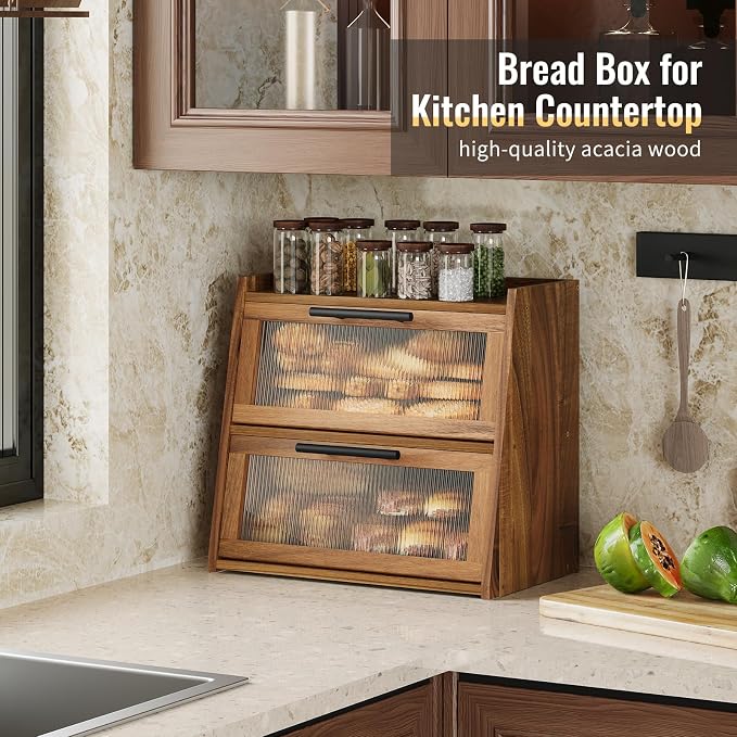Bread Box for Kitchen Counter,Wooden Double Layer Countertop Bread Storage | Bread Holder Container Bin with Window for homemade bread; Acacia Wood Construction with Metal Handles - Image 3