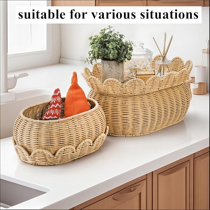 Tebery Set of 2 Wicker Storage Baskets with Lid, Hand Woven Scalloped Basket Boxes for Shelf, Sturdy Rattan Storage Bin Organizer for Home Decoration, Display - Image 8