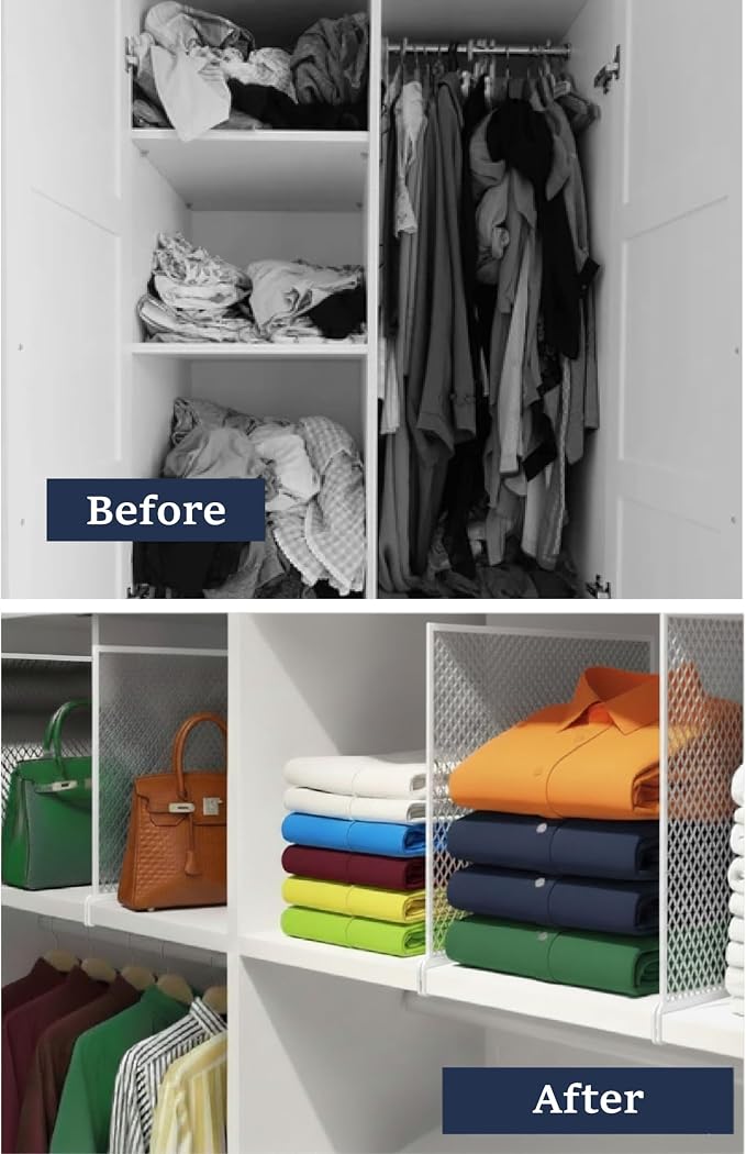 Nexu 6-Pack Metal Mesh Shelf Dividers for Closet Organization, Ultra-Stable Under-Shelf Hook Closet Dividers, Heavy Duty Purse, Handbag & Bag Organizer for Shelving, Clothes, Bedroom, White - Image 6
