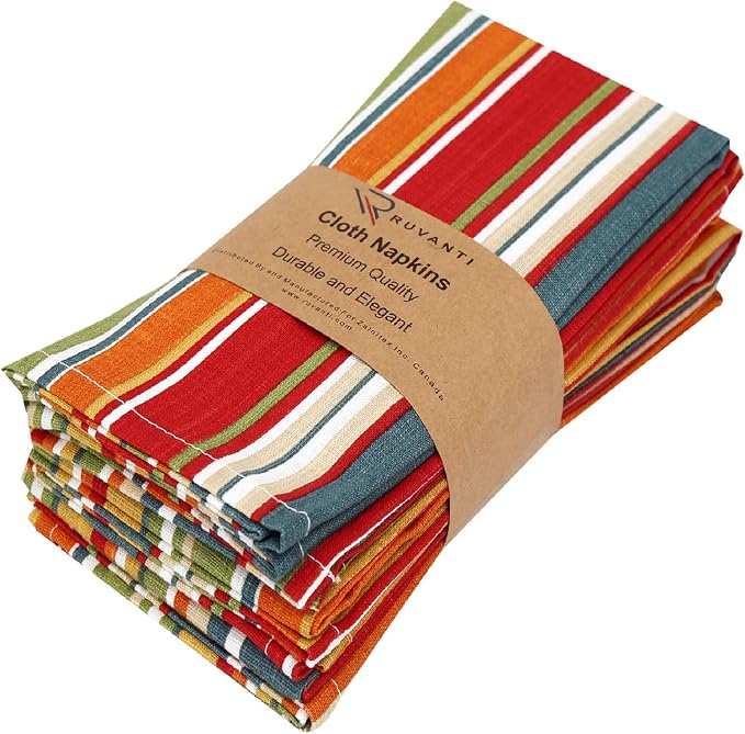 Ruvanti Cloth Napkins Set of 6, 18x18 Inches, 100% Cotton, Washable, Soft & Absorbent, Perfect for Wedding, Christmas, ‎Thanksgiving Dinners - Multi Stripes by Ruvanti