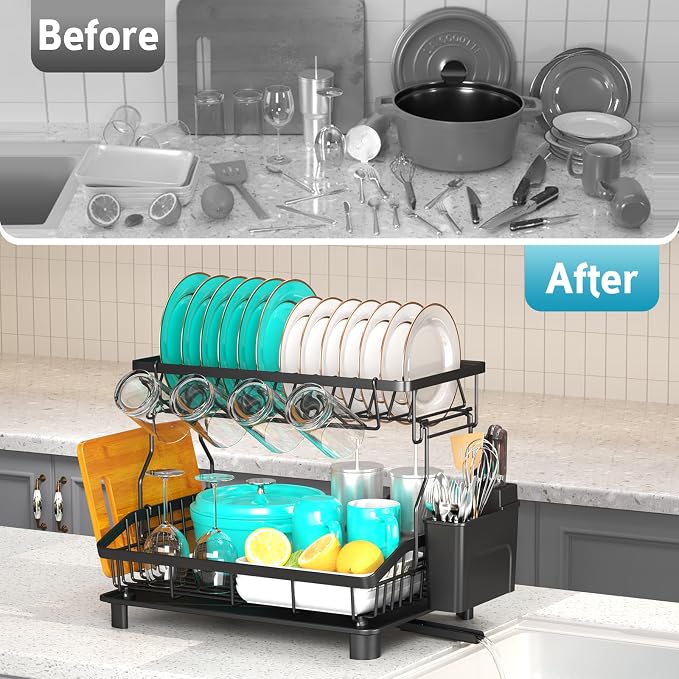 Dish Drying Rack - 2 Tier Large Capacity Dish Rack- Dish Racks for Kitchen Counter with Drainboard, Rustproof Dish Drainer with Removable Utensil Holder,Cutting Board Holder,Cup Holder, Black - Image 6
