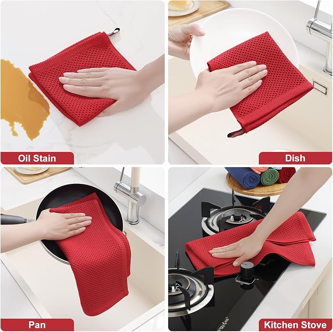 Homaxy 8 Pack 100% Cotton Kitchen Towels and Dishcloths Set, Red | 12 x 12 Inches and 13 x 28 Inches Kitchen Towels Set, Ultra Soft Absorbent Dish Cloths for Washing Dishes - Image 5