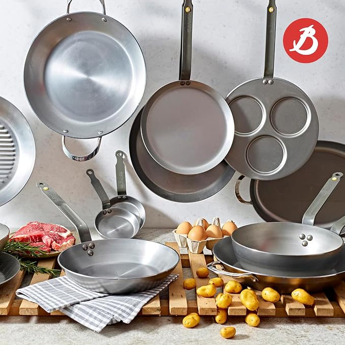 de Buyer MINERAL B Carbon Steel Fry Pan - 14” Diameter, 10.25” Cooking Surface - Ideal for Searing, Sauteing & Reheating - Naturally Non-Stick Finish - Made in France - Image 8