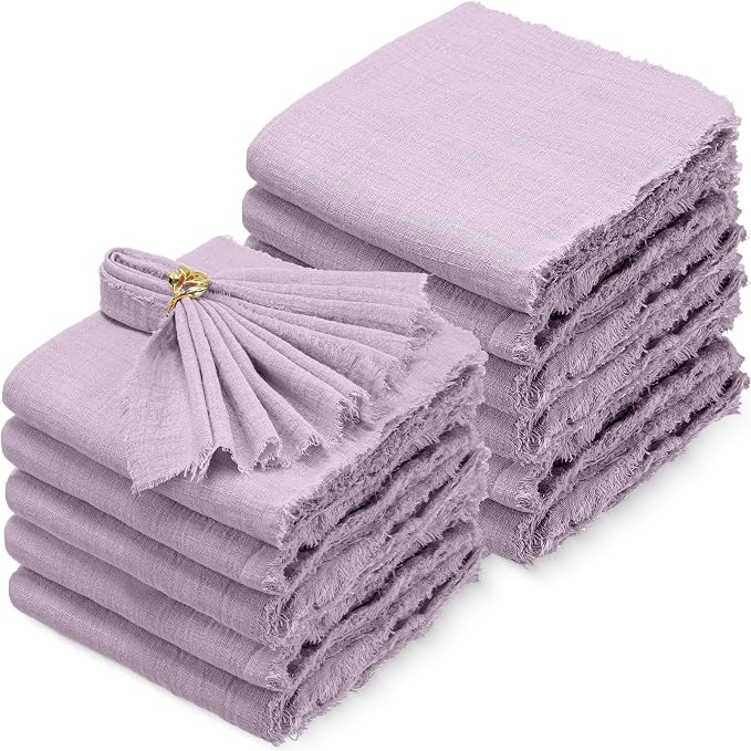 48 Pcs Cotton Linen Cloth Napkins with Fringe 16.5 x 16.5 Inch Square Rustic Dinner Linen Napkins Bulk for Wedding Party Banquet Dinner (Purple) by Buryeah