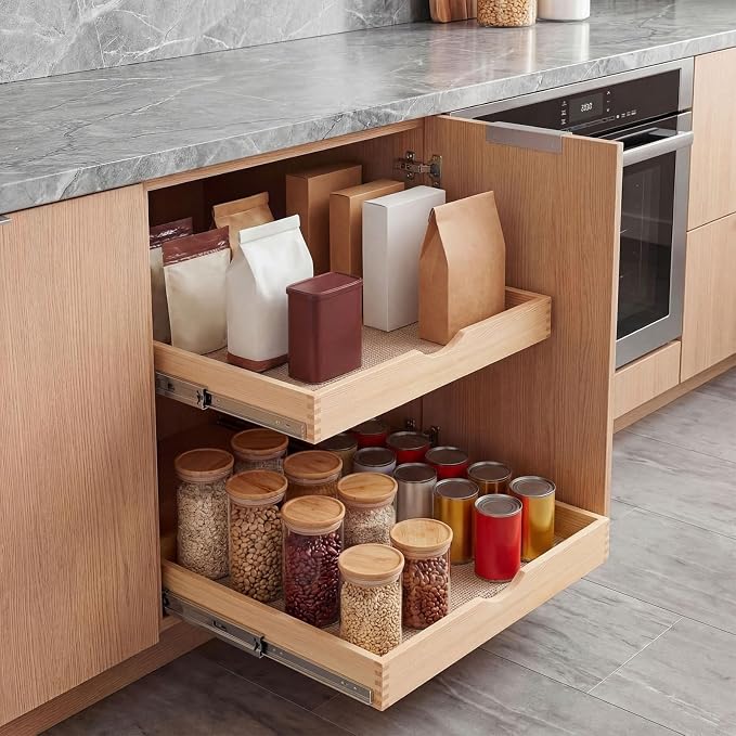 2 Set Wooden Pull out Cabinet Organizer Fully Assembled Slide out Pantry Drawer with Gentle Close Storage Shelf Tray for Base Kitchen Under Sink Bathroom Accessory(Wood Color,18'' X 21'' X 3'') - Image 7