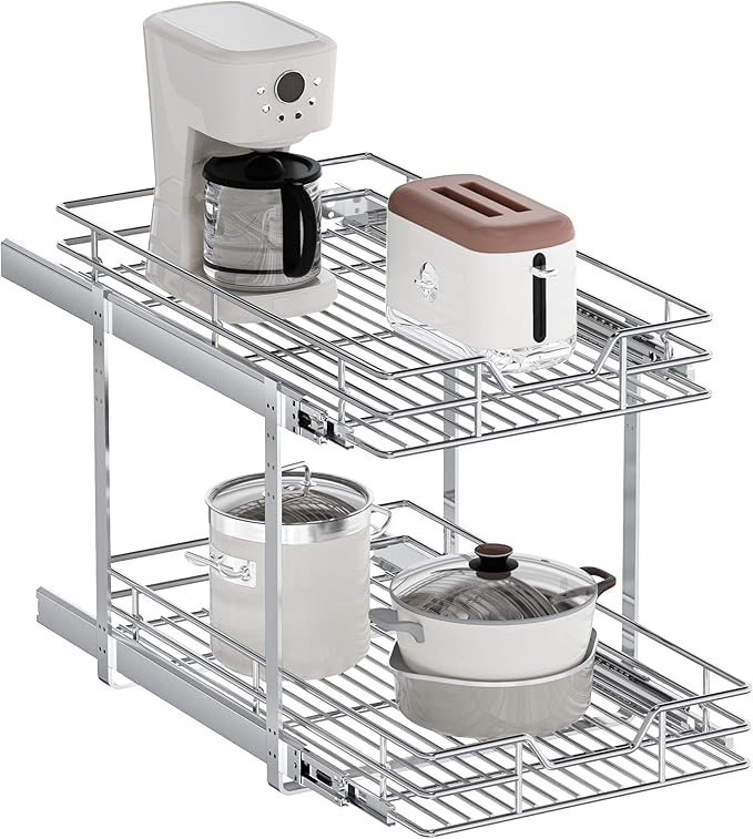 2-Tier Pull Out Cabinet Organizer, 15.5" W x 21.5" D, Heavy Duty Dual Slide Out Shelves for Base Cabinets, Chrome Wire Basket Drawer for Pantry, Kitchen & Bathroom Storage by Unknown