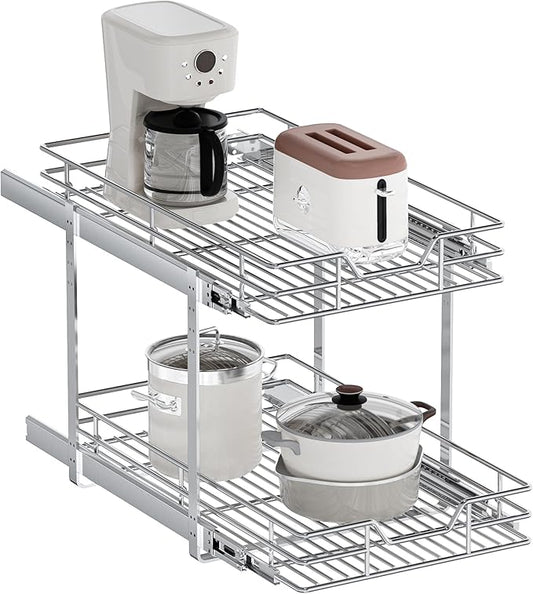 2-Tier Pull Out Cabinet Organizer, 15.5" W x 21.5" D, Heavy Duty Dual Slide Out Shelves for Base Cabinets, Chrome Wire Basket Drawer for Pantry, Kitchen & Bathroom Storage by Unknown
