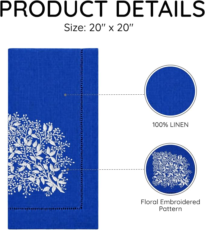 Cloth Napkins Set of 4, 20x20 inch, 100% Linen Hand Embroidered French Knot, Reusable & Machine Washable, Elegant Table Napkins for Dinner, Weddings, Parties (Royal Blue) - Image 3