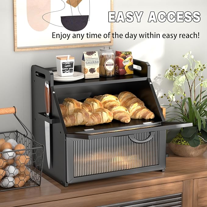 Bread Box for Kitchen Countertop, Large Bread Storage Container for Homemade Bread, Wooden Farmhouse Breadbox Organizers, Double Layer Bread Bin with Acrylic Window Bread Holder, Black - Image 5