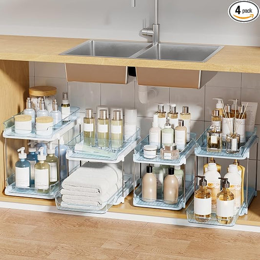 Delamu 2-Tier Multi-Purpose Bathroom Under Sink Organizers and Storage, Stackable Kitchen Pantry Organization, Pull Out Medicine Cabinet Organizer with Movable Dividers, Blue, 4 Pack by DELAMU