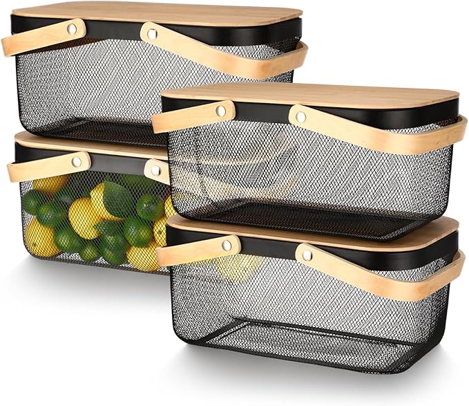 Jingmore 4 Pcs Metal Mesh Baskets with Lid, Stackable for Storage, Prevents Fruit Flies for Vegetable Fruit Kitchen Cabinet Picking Gathering Pantry Harvest Garden(16 Inch,Black) by Jingmore