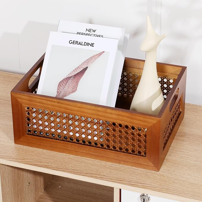 Rattan Wooden Box Set of 2 Handmade Decorative Storage Basket with Handles | Natural Bamboo Woven Storage Basket Rustic Farmhouse Decor Home Office Tabletop Shelf Drawer Closet Desk Organizer, Brown - Image 7