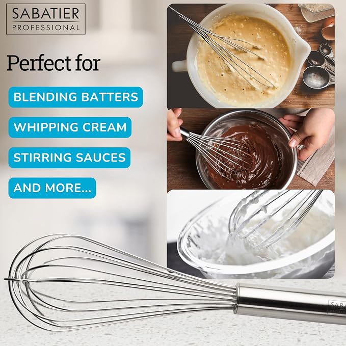 Professional Stainless Steel French Hand Whisk - Heavy Duty, Dishwasher Safe, Durable Balloon Whisk for Baking, Frothing, & Mixing - Easy to Clean, Great for Chefs & Home Cooks, Stainless Steel, 35cm - Image 4
