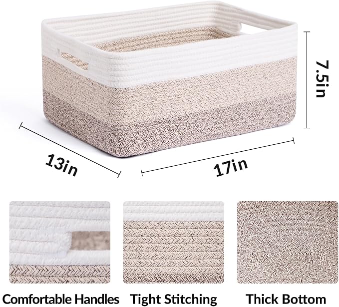 MiniArk Large Storage Baskets for Organizing, 17 x 13 x 7.5” Closet Shelf Baskets for Clothes Blanket Towels, Baby Nursery, Toy Bins Box, Woven Rope Baskets, 4 Packs Gradient Brown - Image 2