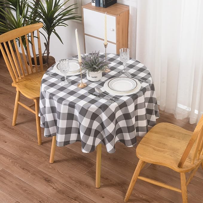 Cupuamon 2 Pack Waterproof Polyester Fabic Round Checkered Tablecloth，60 Outdoor Table Cloth，Oil Stain Prevention Table Cloth for Pinics and Parties（Gary and White） by Cupuamon