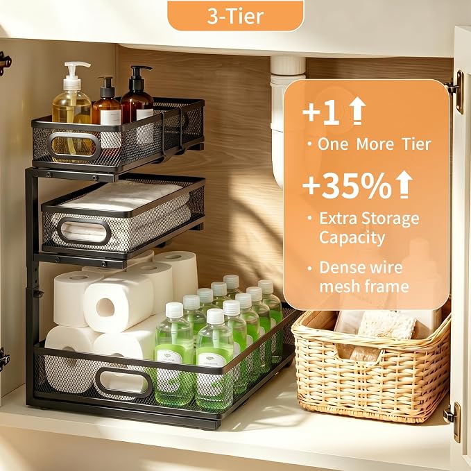 3 Tier Mesh Pull Out Organizer Black 2 Pack Sliding Rack | 2 pack mesh organizers for multi cabinet storage of cleaning tools and household essentials in kitchen and bathroom spaces - Image 4