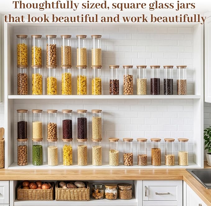 Stackable Glass Food Storage Containers with Lids [Set of 8 ], Airtight Glass Canister for Kitchen & Pantry Organization, Clear Borosilicate Jars for Pasta, Cereal, Flour, Sugar, Nuts - Image 8
