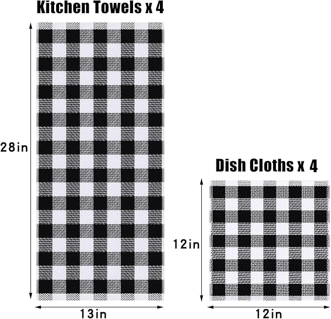 Homaxy Kitchen Towels and Dishcloths Set, Set of 8, Black & White | Bulk Cotton Waffle Weave Check Plaid Kitchen Towels, Super Soft and Absorbent Dish Cloths, 12 x 12 and 13 x 28 Inches - Image 3