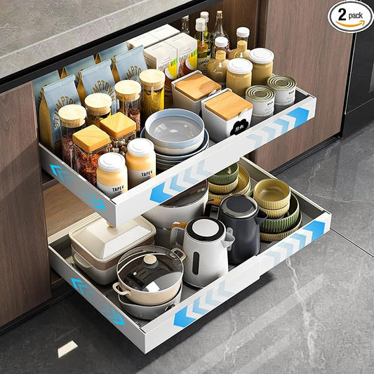 Mustorn 2 Pack Pull Out Cabinet Organizer, Expandable Slide Out Drawers for Kitchen Cabinets Peel and Stick Pullout Drawer Heavy Duty Sliding Shelves for Cupboard, Pantry, Bathroom(16.5" Deep, White) by MUSTORN