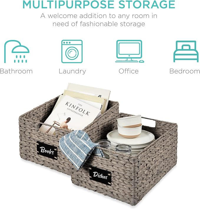 Best Choice Products Pantry Baskets Set of 2 16x12in Water Hyacinth Storage Baskets, Woven Wicker Kitchen Organizers with handles w/Chalkboard Label Chalk Marker - Gray - Image 6