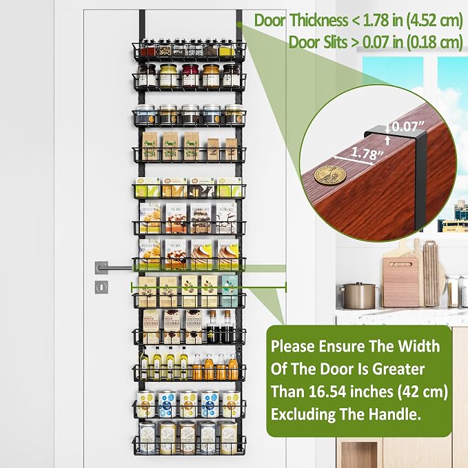 Churboro 12 Tier Over Door Pantry Organizer, 2-in-1 Adjustable Spice Rack | Pantry Door Organizers and Storage, Hanging or Wall Mount Spice Rack, Sturdy Metal Shelves with 12 Adjustable Baskets, Black - Image 3