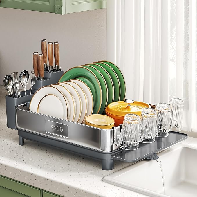 SNTD 304 Stainless Steel Dish Drying Rack for Small Kitchen Counter, Grey | Rustproof, Large Capacity, Heavy-Duty Frame, Rotating Spout, Angled Drainboard, Removable Cup & Utensil Holder - Image 2
