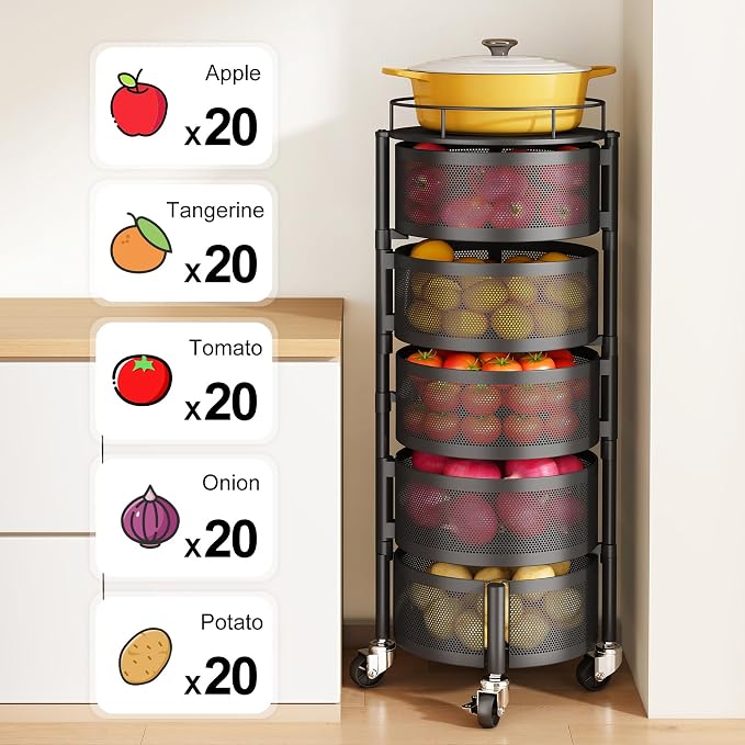 SNTD Fruit and Vegetable Basket Bowls for Kitchen with Metal Top Lid, 5 Tier Rotating Storage Rack Cart for Potato Onion Bread Banana, Wire Basket Organizer on Wheels, Large, Black - Image 4