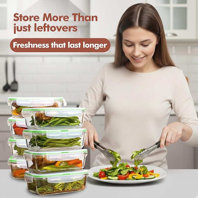 Razab 16 Pc (Set of 8) 30 Oz Glass Meal Prep Containers with Lids, Airtight Large Glass Food Storage Containers, Reusable Leak Proof BPA Free, Freezer to Oven and Dishwasher Safe - Image 2