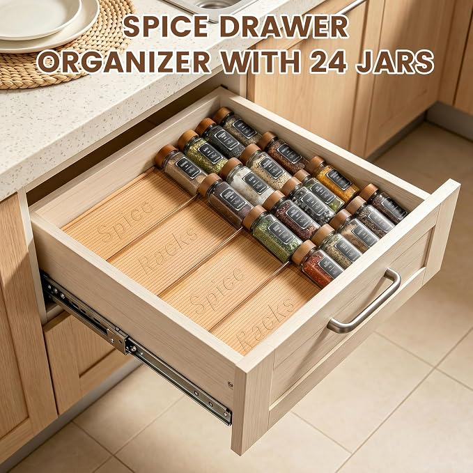 2 Pack Spice Rack with 24 Spice Jars, 4OZ Wood Lid Spice Containers with Expandable Spice Organizer Shelf, Spice Labels, Pepper Grinder Lids, Chalk Marker & Funnel Set for Drawer Kitchen Countertop - Image 2