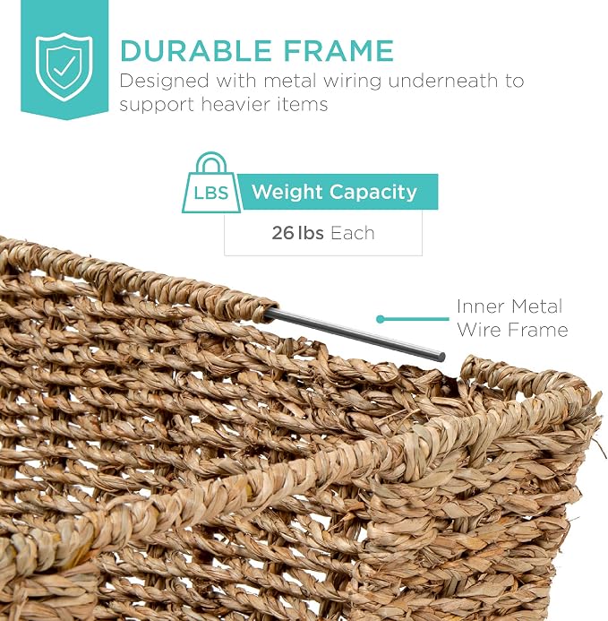 Best Choice Products Rustic Set Of 4 Multipurpose Stackable Seagrass Storage Basket, Handwoven Laundry Organizer Totes for Bedroom and Living Room, Shelves, Pantry w/Insert Handles - Natural - Image 5