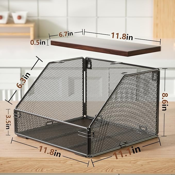 Stackable Fruit Basket for Kitchen Countertop Space Saving, Wall Mounted Mesh Metal Wire Basket with Wood Lid Extra Storage, 2 Pack Kitchen Counter Organizer for Snack, Onion and Potato Storage, Black - Image 2