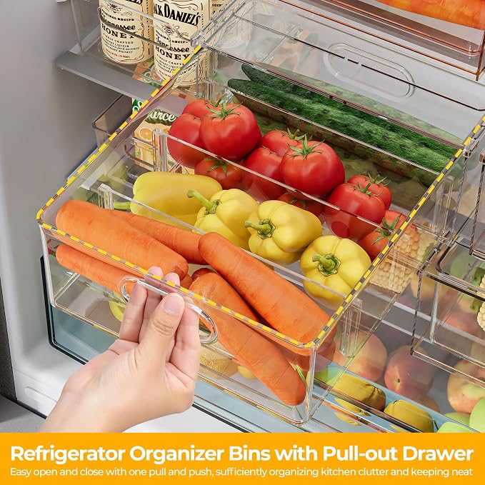 Refrigerator Organizer Bins with Pull-out Drawer 6 Pack Stackable Clear Fridge Drawer Organizer Fruit Vegetable Storage Containers for Kitchen Pantry Organization (2 Large+4 Medium) - Image 3