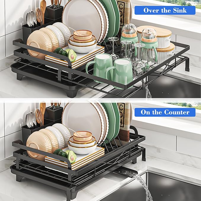 Extendable Dish Drying Rack, Space-Saving Dish Rack for Kitchen Counter, Stainless Steel Dish Strainer with Utensil Holder and Drainboard (Black) - Image 3