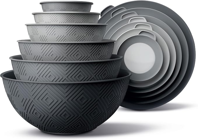 COOK WITH COLOR Mixing Bowls with Lids - 12 Piece Plastic Nesting Bowls Set includes 6 Prep Bowls and 6 Lids, Microwave Safe Mixing Bowl Set, Grey Rhombus by CookwithColor