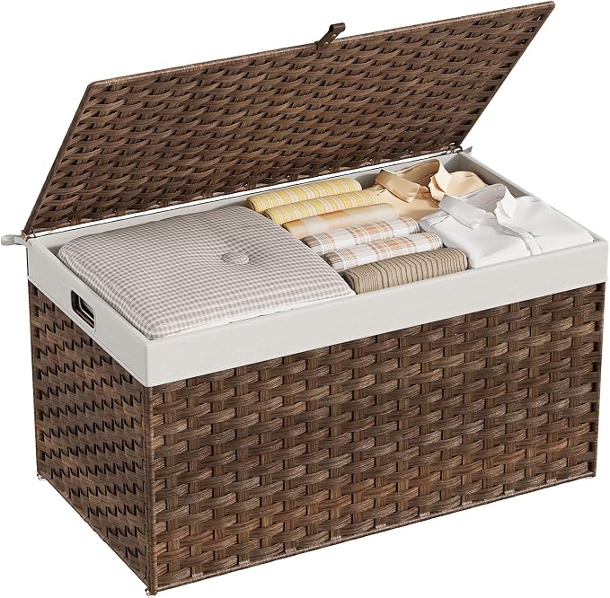 HOOBRO Storage Basket with Lid, 42.3 Gallon (160L) Wicker Basket, Handwoven Blanket Storage Basket with Handles, Metal Frame and Soft Lining, Foldable for Bedroom, Laundry Room, Brown BR216CW01 - Image 6