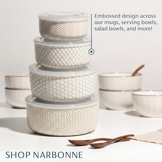 KooK Serving Bowls, with Lids, Ceramic Nesting Bowls, Set of 4, Embossed, Kitchen, Prep, Stackable, Gift, Microwave and Dishwasher Safe, 16/29/47/70 oz, Narbonne Collection (Ivory) - Image 5