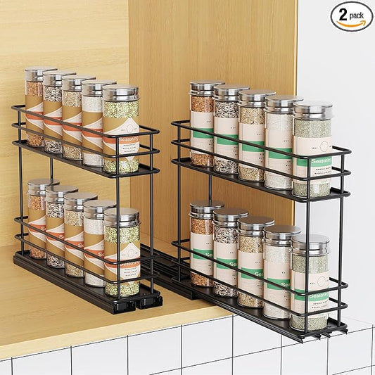 Mystozer Pull Out Spice Rack Organizer for Cabinet, Slide Out Spice Racks, Easy to Install Spice Cabinet Organizers, 5.2" Wx10.43 Dx8.26 H, 2 Packs 2 Tiers(Black) by Mystozer