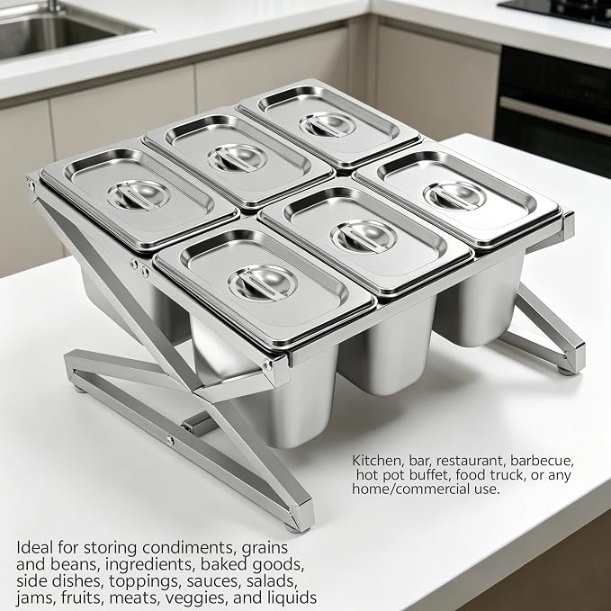 Pizza Topping Station Condiment Container Food Prep Ingredients Holder | Stainless Steel Organizer Container Set Spice Rack with 6 Pans& Lids for Kitchen Restaurants Buffes - Image 5