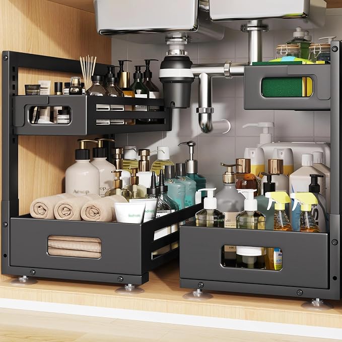 2 Pack 17IN-Depth Under Sink Organizer,Pull Out Cabinet Organizer With Smooth Cylindrical Rail,Metal Slide Out Drawer for Kitchen Bathroom Laundry,8-Level Tool Free Height Adjustable-Black by UnderSinkOrganizer