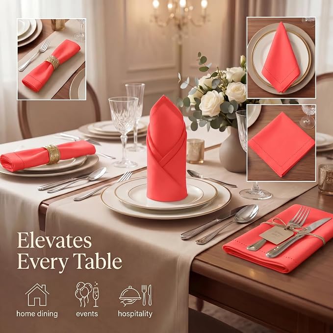 Urban Villa Hemstitch Cloth Dinner Napkins Cotton 20”x20” (Set of 12)-Red - Image 2