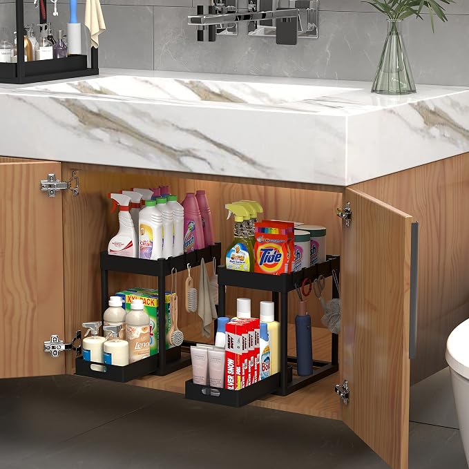 2pcs Under Sink Organizer Kitchen Bathroom Storage Cabinet 2 tier Sliding Drawer Counter Organization Shelf Storage Drawers Rack with Pull Out Basket and Hooks Black - Image 2